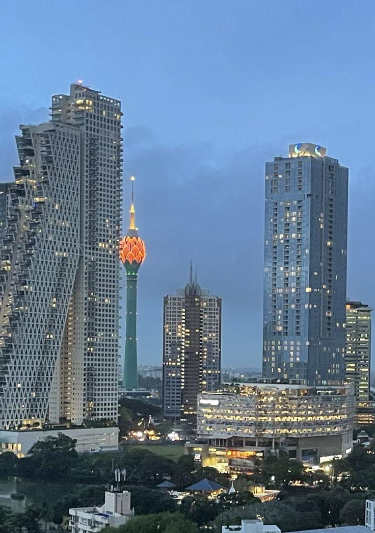 Colombo skyline at dusk with the illuminated Lotus Tower
